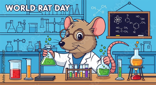 Cartoon rat in lab coat conducting science experiment with colorful chemicals in laboratory setting for world rat day
