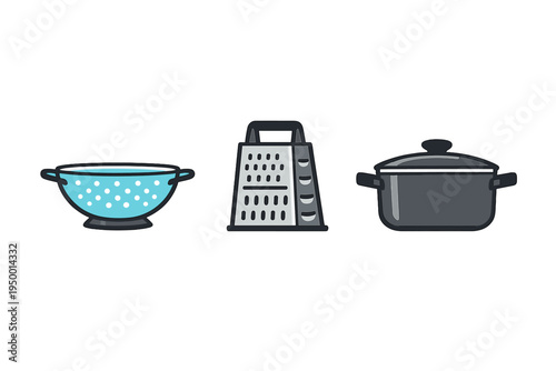 A set of three flat vector icons featuring essential kitchen tools