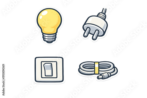 A set of four electrical icons in a sticker style, featuring a yellow