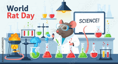 Rat in lab coat conducting science experiment with colorful beakers and test tubes in laboratory setting on world rat day