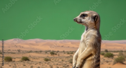 Close-Up of a Curious Meerkat Standing Alert in Desert Landscape