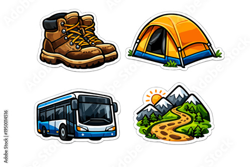 A collection of four travel-themed stickers featuring hiking boots, a