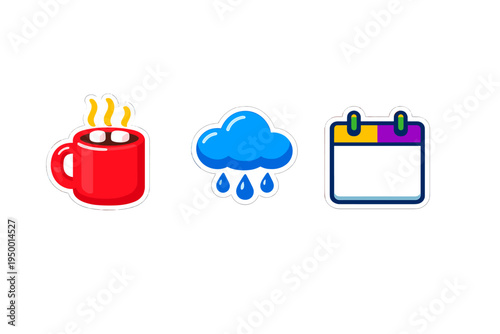 A collection of three flat design icons featuring a red mug of hot