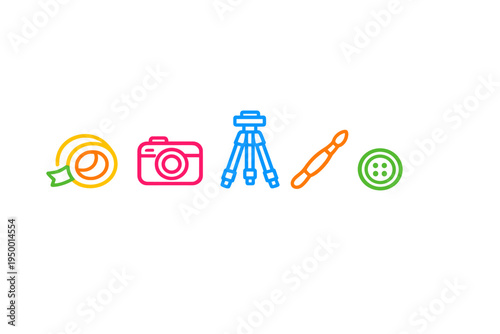 A collection of five colorful line icons representing various hobbies