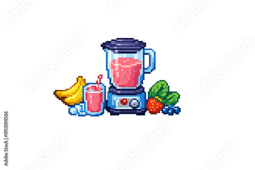 This pixel art vector features a blender with a pink smoothie, a