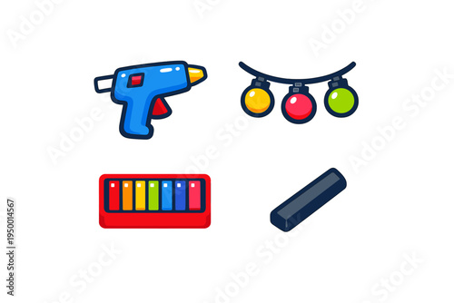 This vector illustration set features a blue hot glue gun, a string