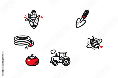 A collection of hand-drawn farm and gardening icons including a