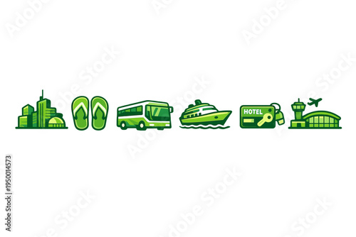 A set of green travel and tourism icons featuring a city skyline