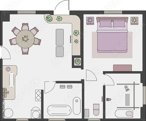 Compact apartment floor plan with bedroom, living dining area, kitchen, bathroom, utility room, and entryway, ideal for architecture, interior design, housing projects, and real estate planning.