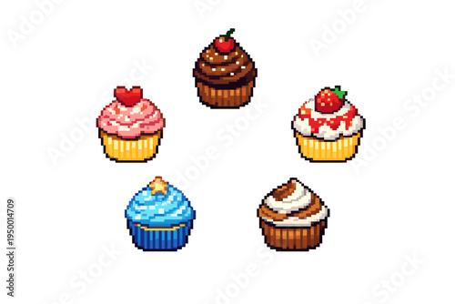 A collection of five pixel art cupcakes featuring various toppings
