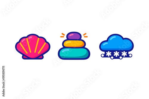 A set of three colorful vector icons featuring a pink seashell, a