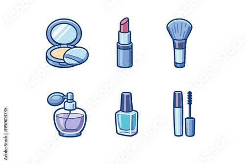A set of six stylized beauty and cosmetic icons including lipstick