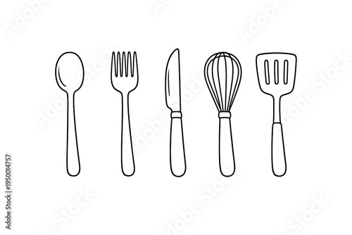 A collection of hand-drawn kitchen utensil icons including a spoon