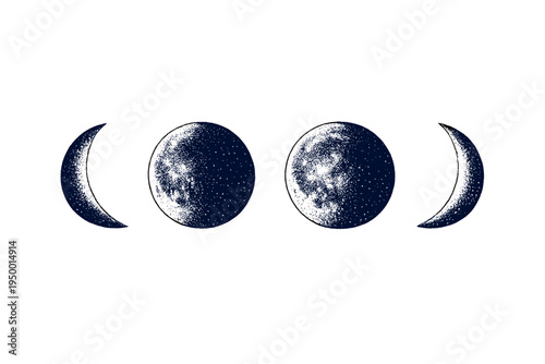 A set of four moon phases in a vintage stippled style, featuring