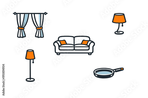 A collection of household icons featuring curtains, a sofa with