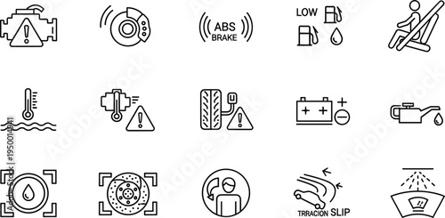 Car dashboard warning indicator line icon set with engine abs battery oil traction vehicle vector illustration