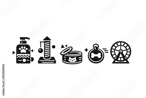 A collection of five black and white pet care icons featuring a