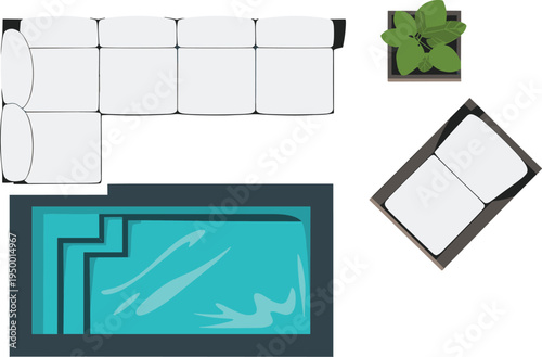 Modern outdoor patio lounge with sectional sofa, swimming pool, planter, and lounge chair in top view layout, perfect for architecture, landscaping, and home design projects.