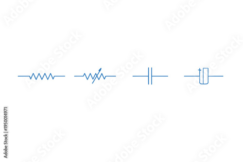 A set of four blue electronic circuit symbols including a resistor