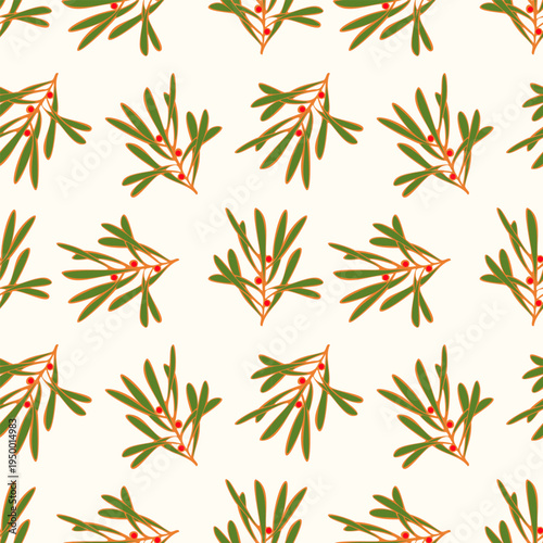 Pattern Mistletoe doodle drawing, an evergreen plant with green leaves and red berries, for textiles, clothing, and home decor, associated with winter holidays, especially Christmas. Vector