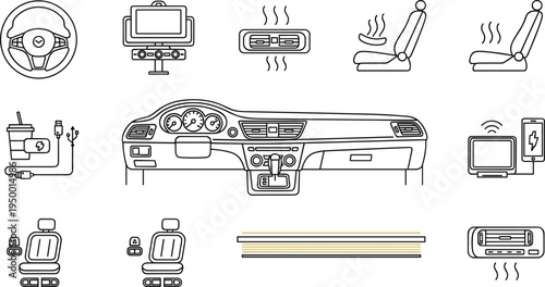 Car interior dashboard and seat comfort technology line icon set with steering climate navigation vector illustration