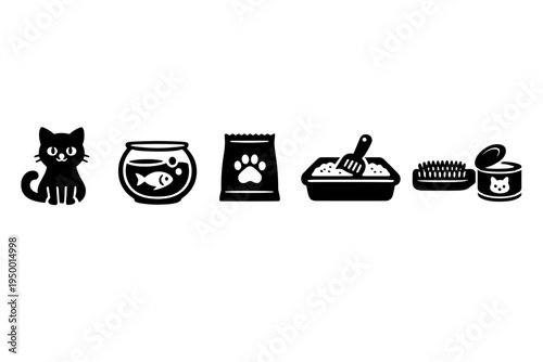 A collection of black and white flat icons for cat care, featuring a