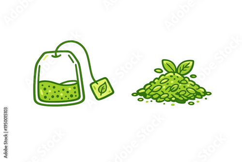 A vector illustration featuring a green tea bag with a leaf tag and a