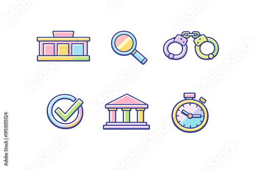 A collection of six law and justice icons featuring a courthouse