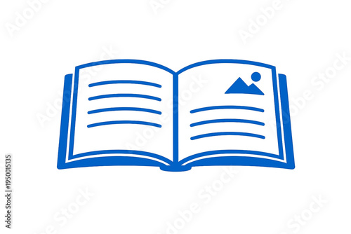 A blue vector icon of an open book featuring horizontal lines for