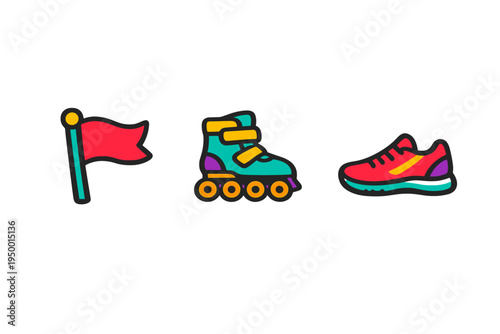 A set of three colorful sports-themed stickers featuring a red flag