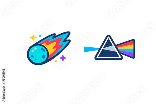 A set of two flat vector icons featuring a flaming comet with craters