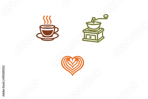 Set of three minimalist coffee icons including a steaming cup, a