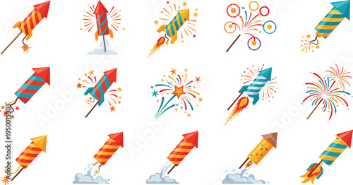 Colorful fireworks rocket icons collection for celebration festival party holiday explosion spark festive vector illustration set