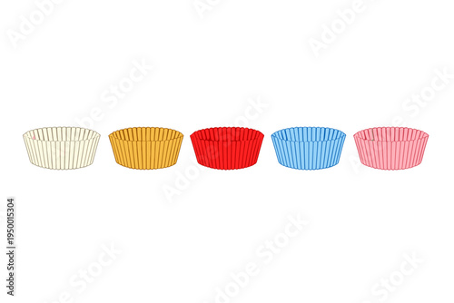 A set of five colorful cupcake liners or baking cups arranged in a