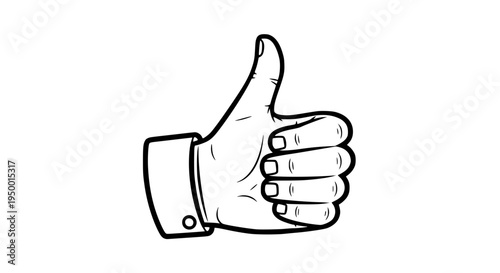 hand giving thumbs up, black and white line art vector illustration, simple outline design, minimal style, isolated on white