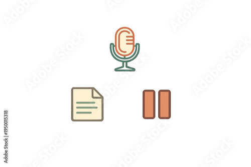 Minimalist vector icon set featuring a retro microphone, a text