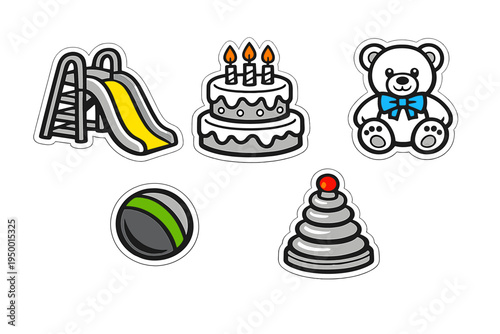 A collection of five vector stickers featuring a playground slide, a