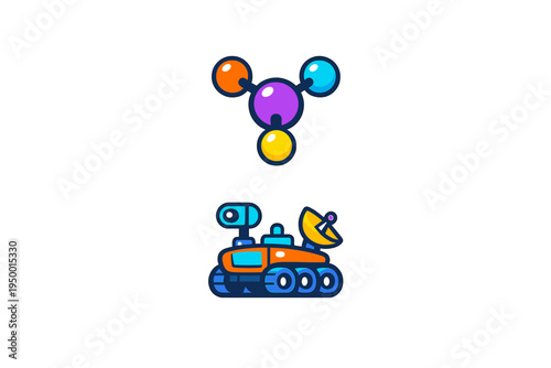 A set of two flat vector icons featuring a colorful molecule