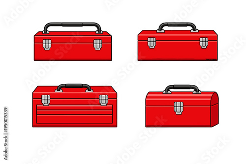 A set of four red metal toolboxes in various styles, featuring black