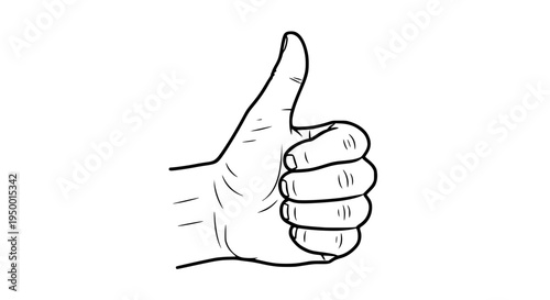 hand giving thumbs up, black and white line art vector illustration, simple outline design, minimal style, isolated on white
