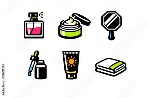 A collection of six beauty and skincare icons designed as stickers