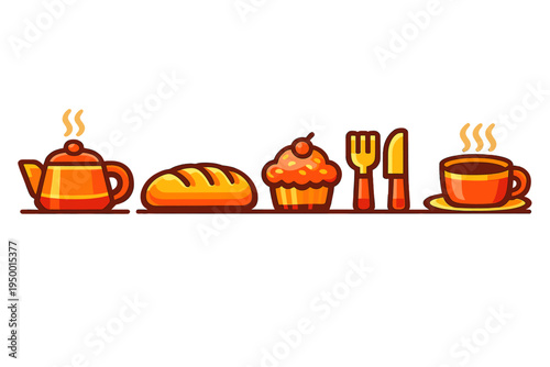 A collection of breakfast and tea time icons featuring a steaming
