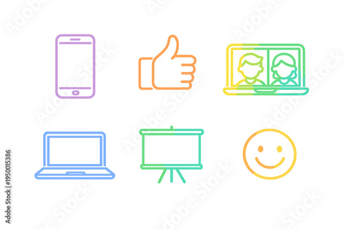 A set of six colorful gradient line icons featuring a smartphone