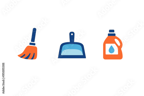 A set of three flat vector icons featuring a broom, a dustpan, and a