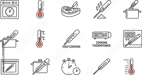 Cooking thermometer and food temperature control line icon set with kitchen heat measurement vector illustration