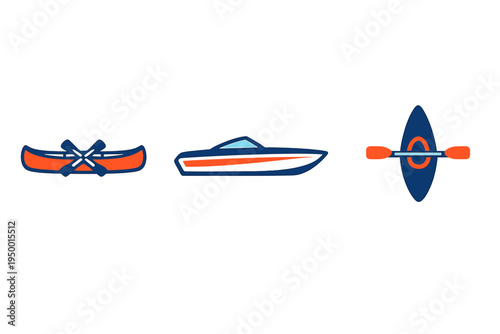 A set of three flat vector icons featuring a side-view orange canoe
