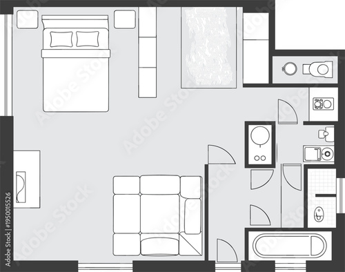 Modern One Bedroom Studio Apartment Floor Plan Vector Illustration Featuring Large Living Area Bedroom Kitchenette Bathroom and Entryway Architectural Blueprint for Real Estate Property Design