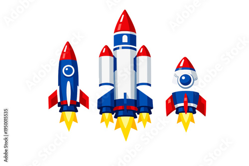 A set of three cartoon space rockets in red, white, and blue colors