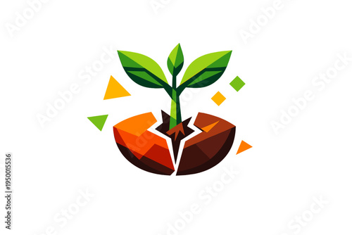 A geometric vector illustration of a green sprout growing from a