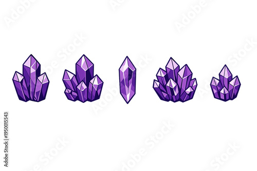 Collection of five purple amethyst crystal clusters and single gems